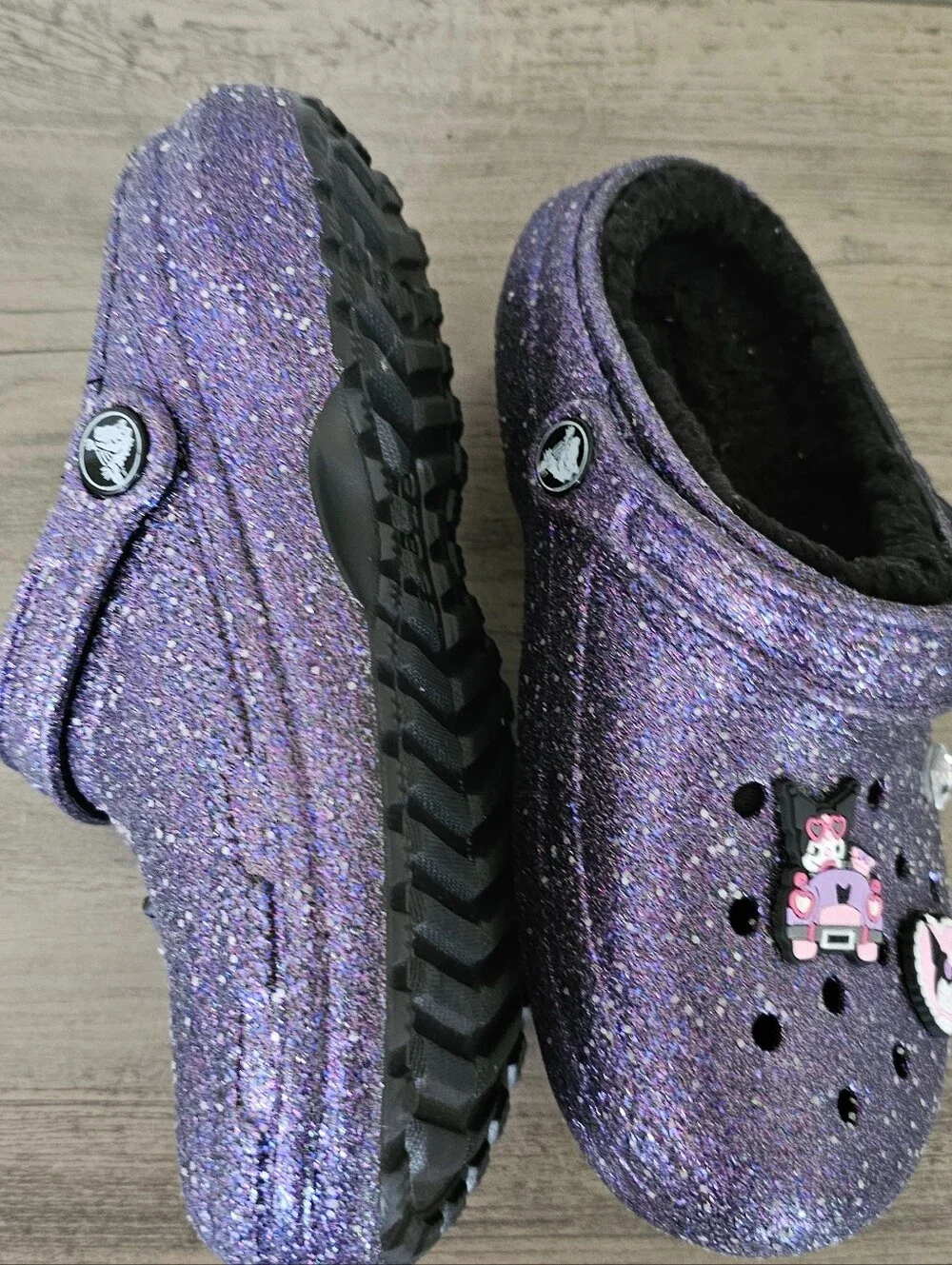 Crocs Classic Purple Space Glitter Plush Lined Clog Girl J1 Sandal Kuromi Charms